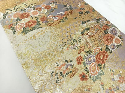 平和屋着物◎六通柄袋帯 御所車鴛鴦花文 金銀糸 正絹 逸品 AAAN4522dx