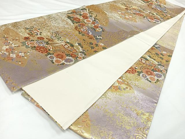 平和屋着物◎六通柄袋帯 御所車鴛鴦花文 金銀糸 正絹 逸品 AAAN4522dx