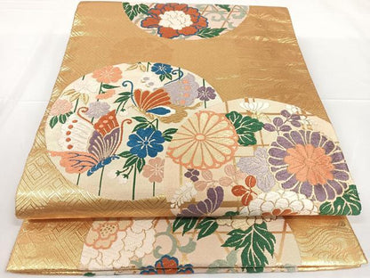 平和屋着物◎佐賀錦 六通柄袋帯 唐織 花蝶丸文 金糸 正絹 逸品 AAAN4525dx