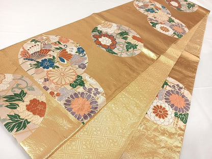 平和屋着物◎佐賀錦 六通柄袋帯 唐織 花蝶丸文 金糸 正絹 逸品 AAAN4525dx