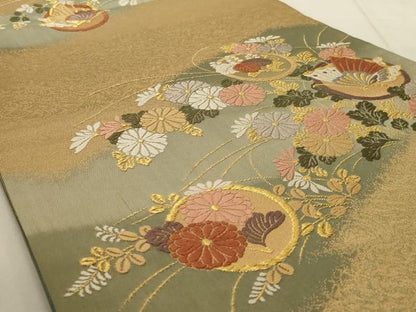 平和屋着物◎六通柄袋帯 唐織 花蝶丸文 金糸 正絹 逸品 AAAN4881ou