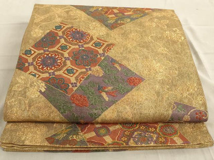 平和屋着物◎六通柄袋帯 正倉院色紙花文 金糸 正絹 逸品 AAAN4895ou
