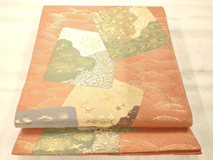 平和屋着物◎六通柄袋帯 流水道長飾花色紙文 金糸 正絹 逸品 AAAN5195fw