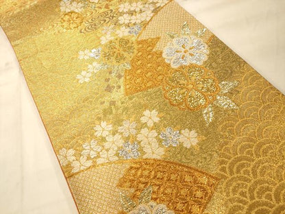平和屋着物◎六通柄袋帯 流水地紙草花文 金銀糸 正絹 逸品 AAAN5197fw
