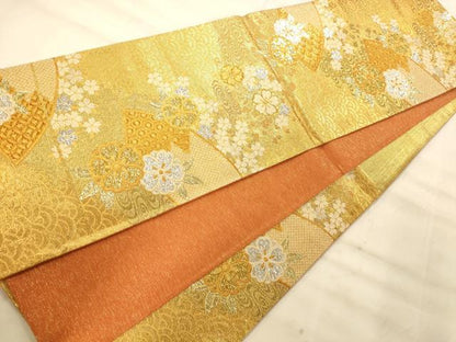 平和屋着物◎六通柄袋帯 流水地紙草花文 金銀糸 正絹 逸品 AAAN5197fw