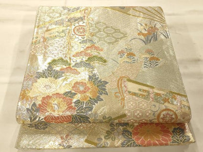平和屋着物◎佐賀錦 六通柄袋帯 扇草花文 金銀糸 正絹 逸品 AAAN5209fw