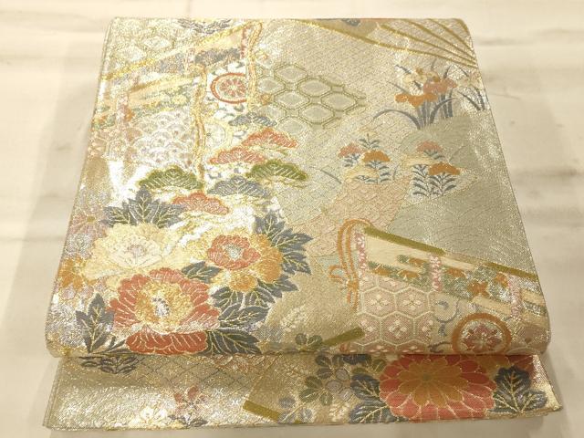 平和屋着物◎佐賀錦 六通柄袋帯 扇草花文 金銀糸 正絹 逸品 AAAN5209fw