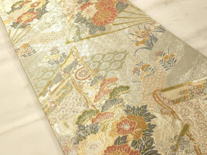 平和屋着物◎佐賀錦 六通柄袋帯 扇草花文 金銀糸 正絹 逸品 AAAN5209fw
