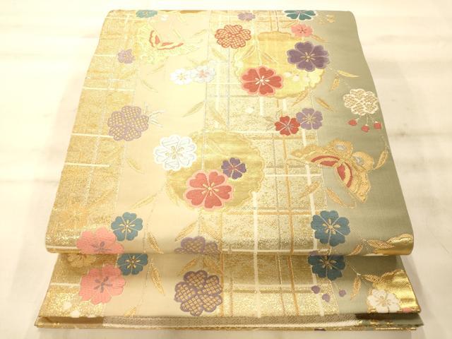平和屋着物◎六通柄袋帯 唐織 雪輪枝垂れ花舞蝶文 金糸 正絹 逸品 AAAN5212fw