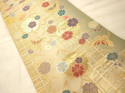 平和屋着物◎六通柄袋帯 唐織 雪輪枝垂れ花舞蝶文 金糸 正絹 逸品 AAAN5212fw