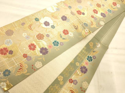 平和屋着物◎六通柄袋帯 唐織 雪輪枝垂れ花舞蝶文 金糸 正絹 逸品 AAAN5212fw
