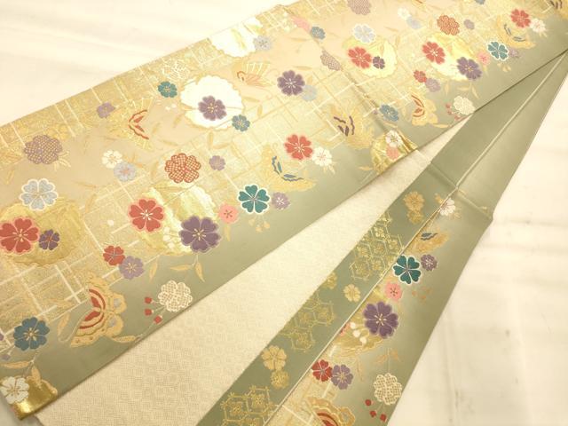 平和屋着物◎六通柄袋帯 唐織 雪輪枝垂れ花舞蝶文 金糸 正絹 逸品 AAAN5212fw