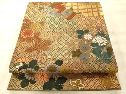 平和屋着物◎六通柄袋帯 唐織 雲取り草花文 金糸 正絹 逸品 AAAN5247fw