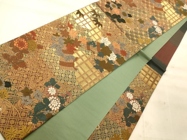 平和屋着物◎六通柄袋帯 唐織 雲取り草花文 金糸 正絹 逸品 AAAN5247fw
