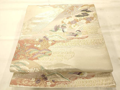 平和屋着物◎六通柄袋帯　唐織　山重ね鴛鴦風景文　金銀糸　正絹　逸品　AAAN5251fw
