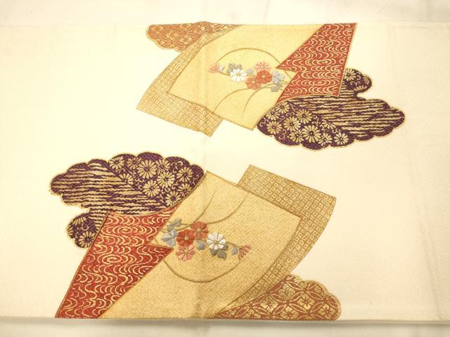 平和屋着物◎太鼓柄袋帯 駒刺繍 地紙吉祥草花文 金糸 金彩 正絹 逸品 AAAN5253fw