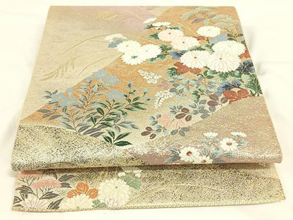 平和屋着物◎六通柄袋帯　連山秋草文　金糸　正絹　逸品　AAAN6312jh