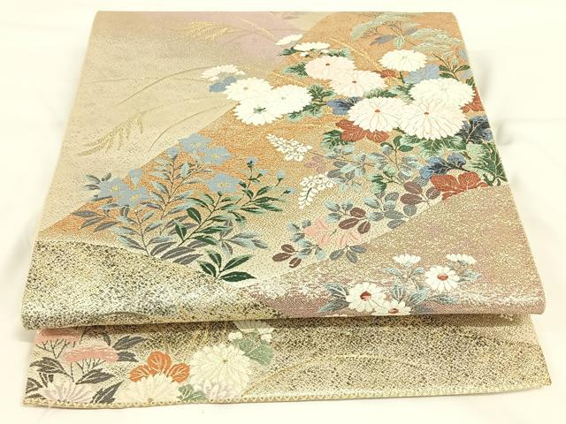 平和屋着物◎六通柄袋帯　連山秋草文　金糸　正絹　逸品　AAAN6312jh