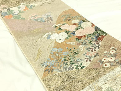 平和屋着物◎六通柄袋帯　連山秋草文　金糸　正絹　逸品　AAAN6312jh