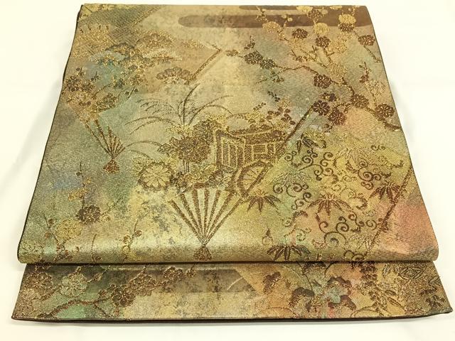 平和屋着物◎六通柄袋帯　扇面御所車文　金糸　引箔　正絹　逸品　AAAN6314jh