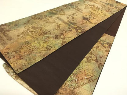 平和屋着物◎六通柄袋帯　扇面御所車文　金糸　引箔　正絹　逸品　AAAN6314jh