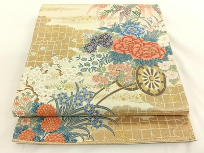 平和屋着物◎六通柄袋帯 唐織 花車文 金糸 正絹 逸品 AAAN6524jh