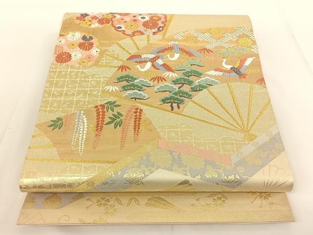 平和屋着物◎六通柄袋帯　唐織　扇面花鳥文　金糸　正絹　逸品　AAAN6552jh