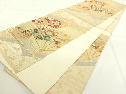 平和屋着物◎六通柄袋帯　唐織　扇面花鳥文　金糸　正絹　逸品　AAAN6552jh