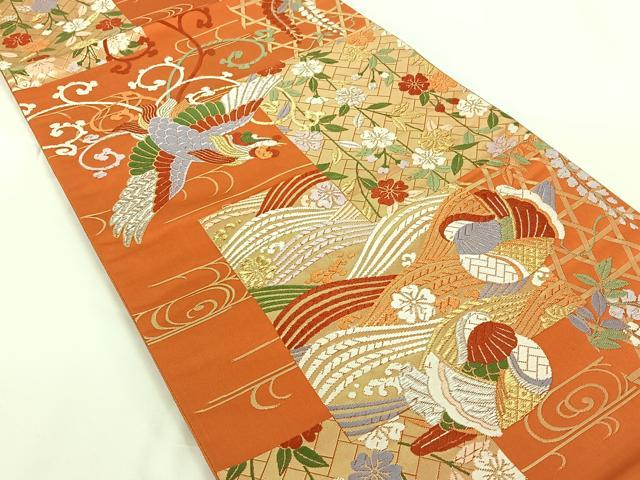 平和屋着物◎六通柄袋帯 唐織 色紙花鳥文 金銀糸 正絹 逸品 AAAN6571jh
