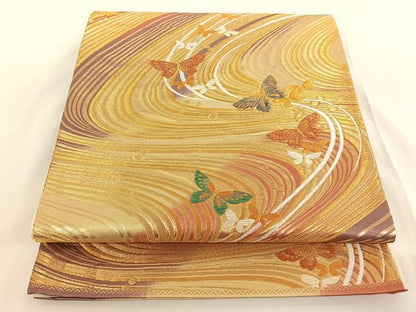 平和屋着物◎六通柄袋帯　流水舞蝶文　金糸　正絹　逸品　AAAN6583jh