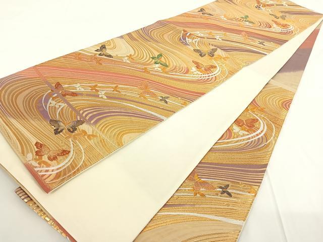 平和屋着物◎六通柄袋帯　流水舞蝶文　金糸　正絹　逸品　AAAN6583jh