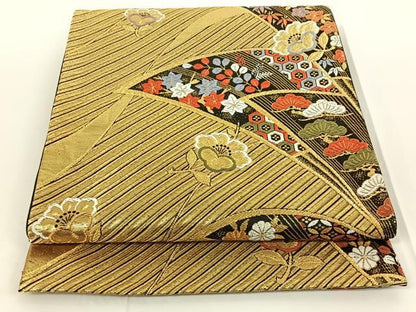 平和屋着物◎六通柄袋帯 扇面花文 金糸 正絹 逸品 AAAN6594jh