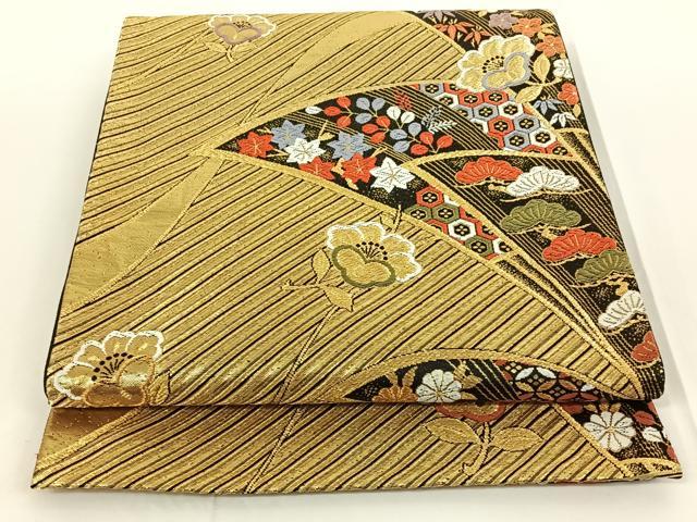 平和屋着物◎六通柄袋帯 扇面花文 金糸 正絹 逸品 AAAN6594jh