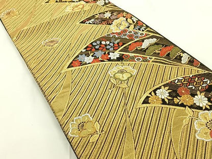 平和屋着物◎六通柄袋帯 扇面花文 金糸 正絹 逸品 AAAN6594jh