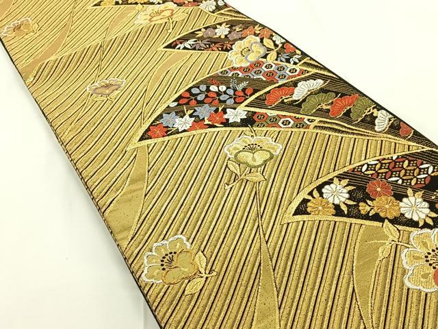 平和屋着物◎六通柄袋帯 扇面花文 金糸 正絹 逸品 AAAN6594jh