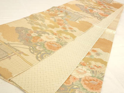 平和屋着物◎佐賀錦 六通柄袋帯 雲取り花車文 金糸 正絹 逸品 AAAN6754st