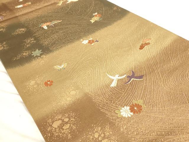 平和屋着物◎六通柄袋帯　流水花鳥文　金糸　正絹　逸品　AAAN6786st