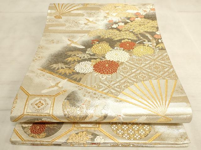 平和屋着物◎六通柄袋帯 扇面飛鶴花文 金銀糸 正絹 逸品 AAAN6916pf