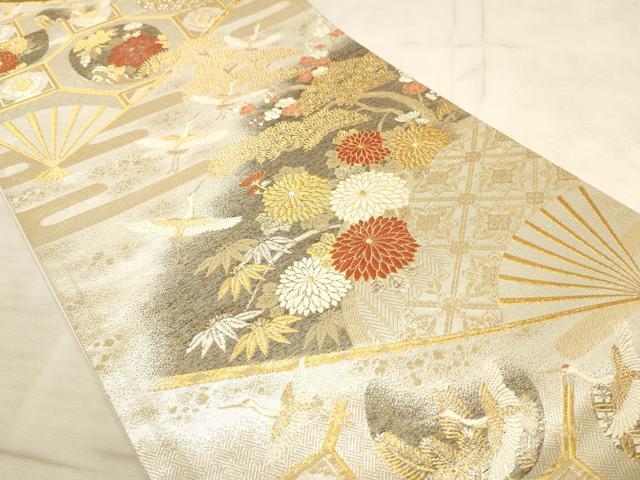 平和屋着物◎六通柄袋帯 扇面飛鶴花文 金銀糸 正絹 逸品 AAAN6916pf