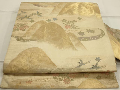 平和屋着物◎九寸名古屋帯　重ね山花鳥文　金糸　正絹　逸品　AAAN7249ou