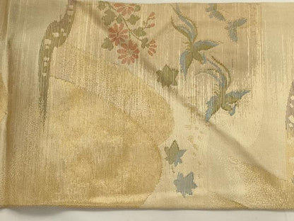 平和屋着物◎九寸名古屋帯　重ね山花鳥文　金糸　正絹　逸品　AAAN7249ou