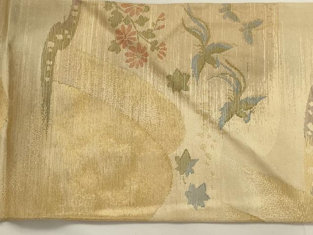 平和屋着物◎九寸名古屋帯　重ね山花鳥文　金糸　正絹　逸品　AAAN7249ou