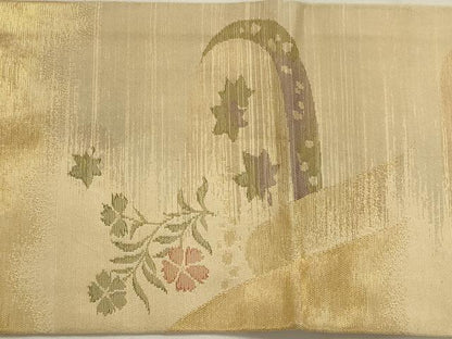 平和屋着物◎九寸名古屋帯　重ね山花鳥文　金糸　正絹　逸品　AAAN7249ou