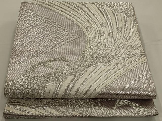 平和屋着物◎六通柄袋帯　唐織　孔雀文　銀糸　正絹　逸品　AAAN7259ou
