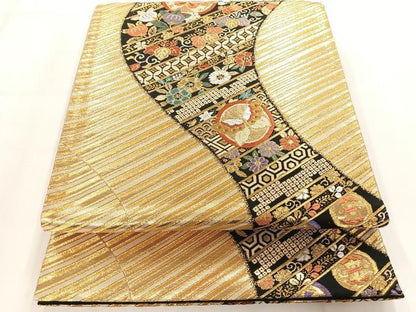 平和屋着物◎六通柄袋帯 流水花蝶丸文 黒地 金糸 正絹 逸品 AAAN7531yx