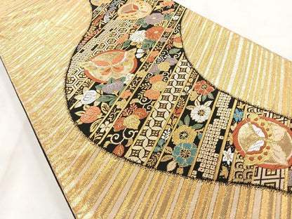 平和屋着物◎六通柄袋帯 流水花蝶丸文 黒地 金糸 正絹 逸品 AAAN7531yx