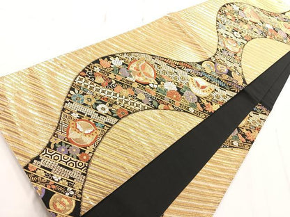 平和屋着物◎六通柄袋帯 流水花蝶丸文 黒地 金糸 正絹 逸品 AAAN7531yx