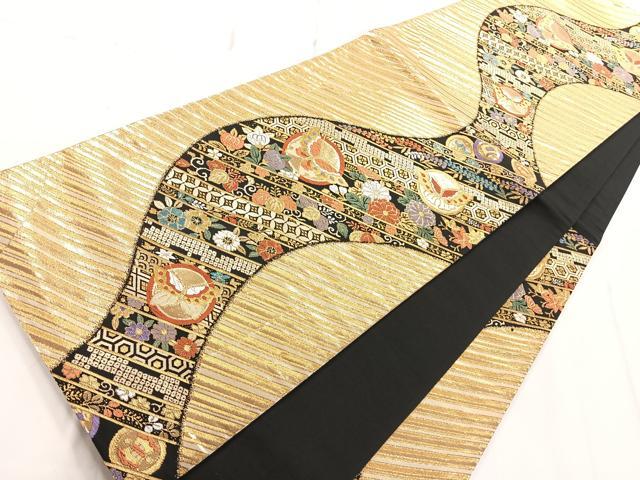 平和屋着物◎六通柄袋帯 流水花蝶丸文 黒地 金糸 正絹 逸品 AAAN7531yx