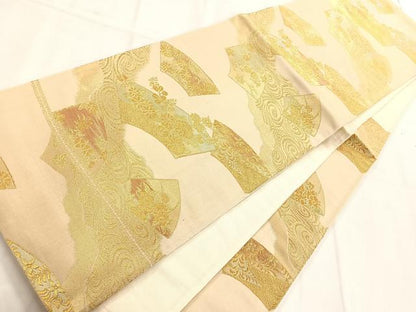 平和屋着物◎六通柄袋帯 地紙流水花文 金糸 正絹 逸品 AAAN7571yx