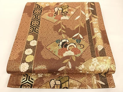 平和屋着物◎両面六通柄袋帯 地紙御所車文 金糸 正絹 逸品 AAAN7647wt